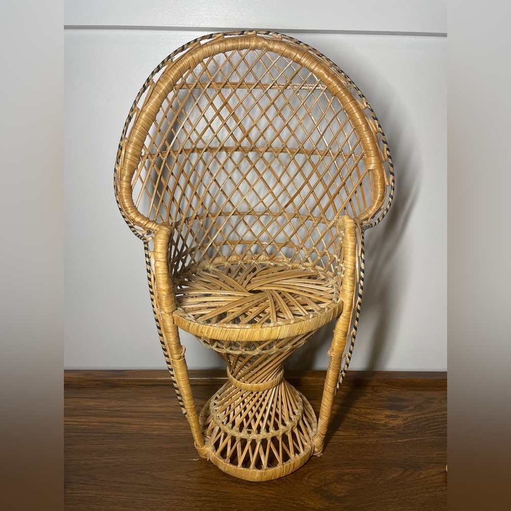 Vintage Mini Peacock Wicker Rattan Chair 16” Doll Plant Stand Boho Decor